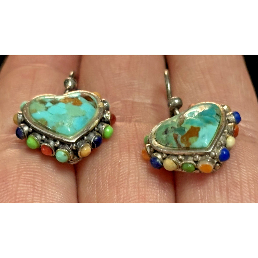 Barse 925 Sterling Turquoise Heart Dangle Earrings With Multi Gemstone Accent 1" - Picture 6 of 10